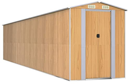 Metall Gerätehaus Gartenhaus Geräteschuppen Garten Schuppen mit Pultdach, Schiebetür & Luftschlitzen, Geräteschrank für Garten, Hellbraun 192x938x223 cm Verzinkter Stahl
