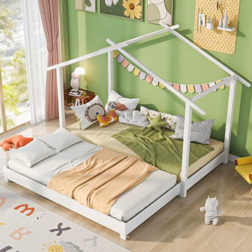 ZYLOYAL10 Hausbett 90/180 x 190cm Holz Kinderbett für Jungen & Mädchen Massivholz Kinder Bett umbaubar Bodenbett mit Lattenrost (Weiß)