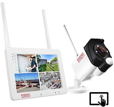 (Touchscreen & 2 Way Audio) Tonton CCTV Camera System Wireless Outdoor, 4CH 7 LCD Monitor NVR, 1x3MP Floodlight IP Camera, Color Night Vision, PIR Motion Detection, Work with Alexa, 32GB SD Card