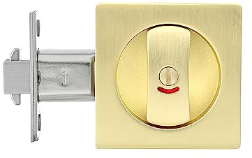 NAUBEA Gold Pocket Door Hardware with Color Coded Indicator, Square Contemporary Privacy Pocket Door Lock for Bedroom Bathroom, for 2-3/8 Backset, Brushed Brass