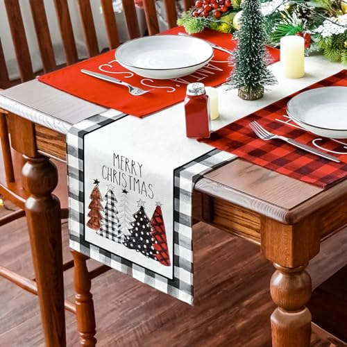 Toptime Tischläufer Weihnachten, 183x33cm Schwarz Weiß Karierter Weihnachtstischläufer, Abwaschbarer Tischläufer mit Weihnachtsbaum Merry Christmas Muster, Weihnachten Tischdeko für Küche, Esszimmer