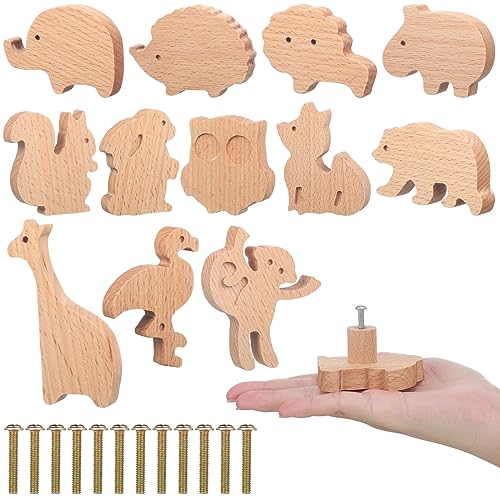 Qunclay Holzknäufe mit Tiermotiven, dekorative Holz-Kommodenknöpfe Schrauben, Kommode, Ziehen, Holz, Marine, Möbelknäufe, Schubladengriffe für Dekoration (Waldtiere, 12 Sets), (WV-Qunclay-6284)