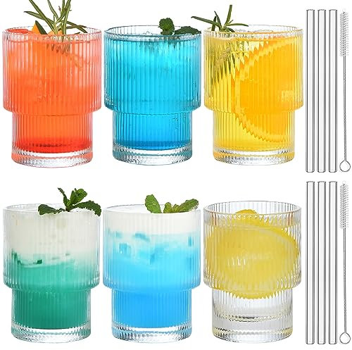 ALINK Mini bicchieri da 200 ml, con cannucce in vetro, set da 6 pezzi, vintage, bicchieri da acqua, bicchieri da long drink, per analcolici, whisky, birra, acqua