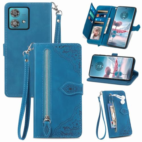 MOJIA Funda Cartera para Motorola Moto G84 5G, Carcasa de Teléfono con Tapa a Prueba de Golpes y Anticaída de PU con Muñequera. Azul