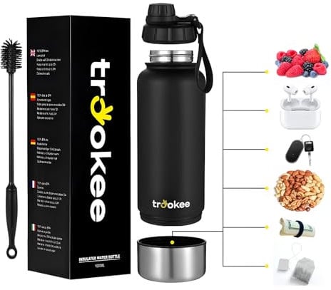trookee® - Botella Agua Acero Inoxidable 1 Litro, Doble Capa y Base Extraíble, Sin BPA - Botella Termica, Garrafa Agua, 12h. Caliente y 24h. Fría - Termo Cafe - Botella Gimnasio, Oficina, Mascotas