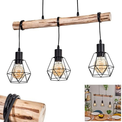 HOFSTEIN Hängeleuchte Yaak, Pendelleuchte aus Metall/Holz in Schwarz/Natur, Hängelampe im Retro/Vintage Design mit Schirmen in Gitter-Optik und Holzstab (60 cm), Höhe max. 141,5 cm, 3 x E27