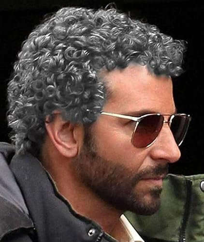 Salaibs Herren Afro Grau Perücke Kurze Locken 80er Jahre Disco Flauschige Perücken Kunstfaser Cosplay Halloween Perücke