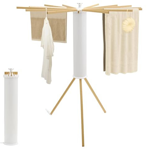 Kroias Stendibiancheria con treppiede, in legno, salvaspazio, pieghevole, con 16 aste espandibili