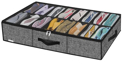 Onlyeasy Sturdy Under Bed Shoe Storage Organizer Fit 8 to 16 Pairs, Collapsible Closet Underbed Shoes Container Bags with Reinforced Handles, 37.7x23.6x5.9in, Linen-like Black, MXAUBS16P1