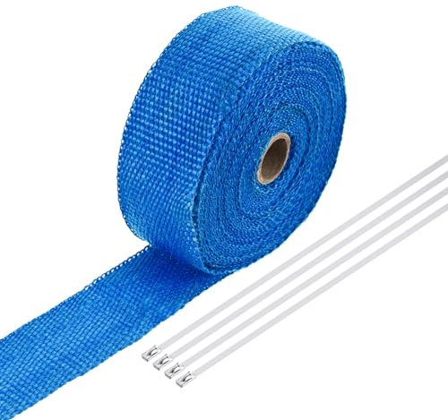 QUARKZMAN Cinta de Fibra de Vidrio para Envoltura de Escape, 2 x 33' Azul, Cinta Térmica para Colectores con 4 Bridas de Acero Inoxidable para Hot Rods y Motocicletas