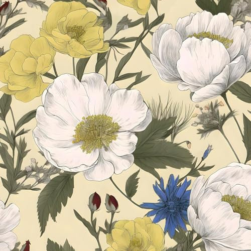 Fvlow Yellow White Floral Peel and Stick Wallpaper Vintage Wallpaper Vinyl Wrap Kitchen Worktop Covering Vinyl Self Adhesive Thick Leaf Contact Paper for Cabinets Sticker Home Décor 44.5cmx1000cm