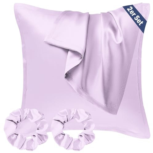 Seiwohl Satin Kissenbezug 65x65 2er Set, Weich wie Seidenkissenbezug Silk Pillowcase, Vegane Seide Kopfkissenbezug Kissenhülle Seidenkopfkissen für Haar und Haut mit 2 Haargummis, Lavendel