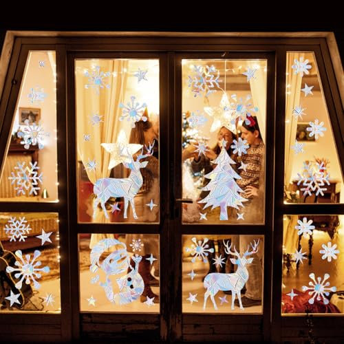 170 Weihnachten Fensterbilder Winter Schneeflocke Rentier Weihnachten Suncatcher Sticker,Weihnachts Fensterbilder Weihnachten Selbsthaftend Prisma Fensteraufkleber Fenstersticker Fensterdeko Winter