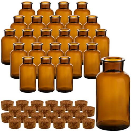 gouveo 24er Set Gewürzgläser 500 ml Antik rund mit Korken - Braune Korkengläser mit Korkverschluss - Leere Vorratsgläser für Kräuter, Gewürze (CBA500PK)