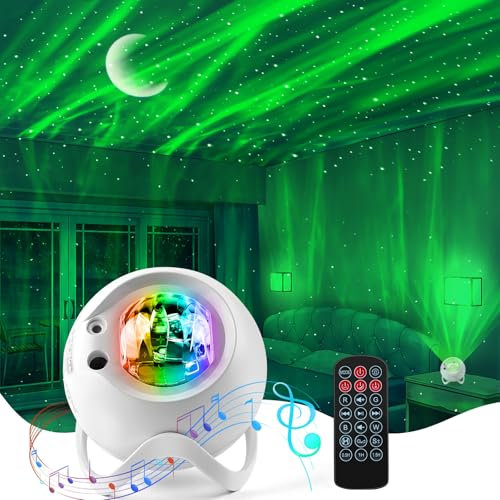 Aurora Northern Light Galaxy Projector - White Noise LED Lights with Night Stars for Bedroom with Multi-Color Bluetooth Remote Timer Mood Lighting Decoration