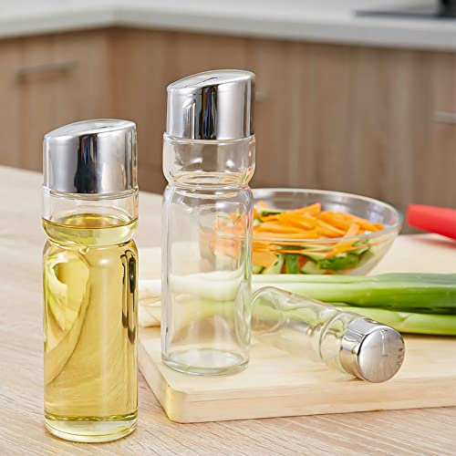 ZJchao 4-in-1 Glass Seasoning Bottle Set with Stainless Steel Tops and Caddy Stand Oil Vinegar Dispenser Salt Pepper Shaker Condiment Holder Rack for Kitchen