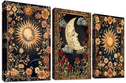 3Pcs Boho Gothic Sonne Mond Stern Mit Rahmen Leinwand Bilder Muslimisch Islamische Tarot Astrologie Blumen Bild auf Leinwand Malerei Wandbilder Wohnzimmer Schlafzimmer Wanddeko 120x60cm (16x24x3)