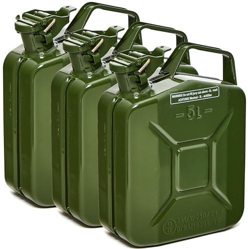 BW® Lot de 3 bidons de carburant en métal - 5 l - Vert olive - RAL 6003 - Certifié TÜV et homologation ONU - Fabriqué en Europe