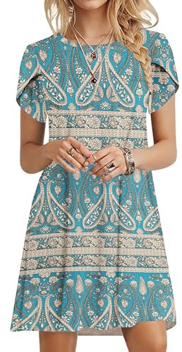 PLOKNRD Summer Dresses for Women UK Elegant Petal Short Sleeve T-Shirt Dress Crew Neck Casual Loose Swing Holiday Beach Dress with Pockets(Boho Green Flowers,M)