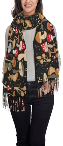 Kuilepa Warmer Damen-Schal mit verschiedenen Pilzmotiven, Quaste, Schal, warm, mit Fransen