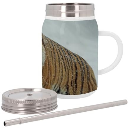 Tazza termica in acciaio inox con coperchio e cannuccia, foto tigre nella neve, 500 ml, tazza termica
