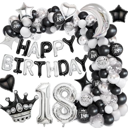 Deko 18 Geburtstag Luftballons Mädchen Jungen - 119 Stück Schwarz Silber Geburtstagsdeko mit Happy Birthday Ballon, Zahl 18 Folienballon Konfettiballons Geburtstags Dekoration für 18 Jahre