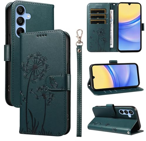 Bravoday Cover per Samsung Galaxy A15 5G / 4G, Custodia in PU Pelle Portafoglio Flip Schede con Slot per Carte, Magnetica Antiurto Cover per Galaxy A15 5G / 4G, Verde Scuro