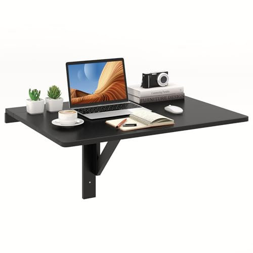 GYMAX Tavolo a Parete Pieghevole Galleggiante, Scrivania a Scomparsa per Spazi Ridotti Salvaspazio, per Ufficio Domestico, Sala da Pranzo, Studio, 80 x 60 x 45 cm (Nero)