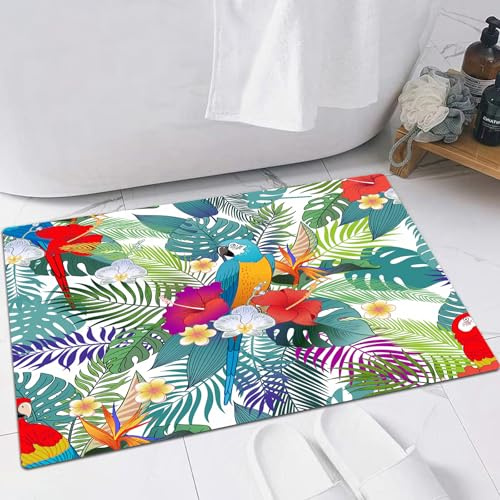 FSDGY Tapis de Bain,Tapis Salle de Bain Moelleux en Microfibre,Tapis de Douche Absorbant Lavable en Machine,Motif de Fond avec des Fleurs Tropicales, Un Ara Rouge écarlate et Un Flamant Rose,40x60 cm