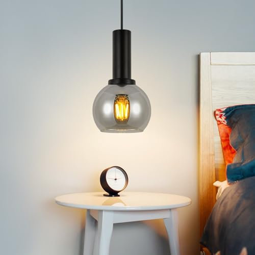 CBJKTX Hängelampe Vintage Pendelleuchte Esstisch -1Flammig Hängeleuchte Glas Schwarz Esszimmerlampe Industrial E27 Pendellampe Höhenverstellbar Esstischlampe für Wohnzimmer Küche (ohne Leuchtmittel)