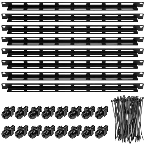 Zonon El kit de 8 barras de amarre para gestión de cables de rack incluye 8 barras de amarre de 1U, 50 bridas de cremallera, 16 tuercas de jaula y 16 tornillos, funciona con estantes de marco abierto