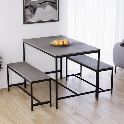 Vida Designs Roslyn 4 Seater Dining Table With 2 Benches, 3 Piece Set, Dining Room Furniture Solid Metal Frame (Concrete Grey)