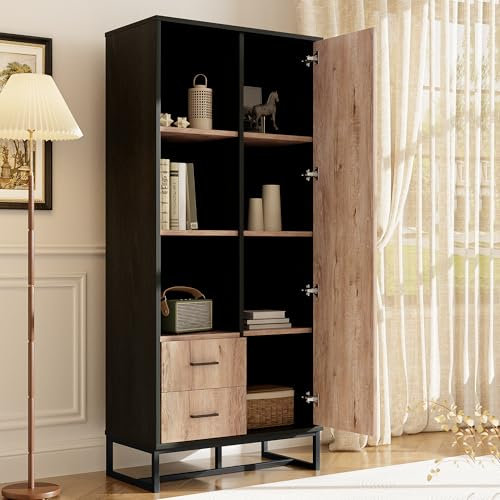 Easexcy Moderner Highboard Schrank 80x40x180 cm – Holzoptik mit schwarzem Rahmen, mit Tür, 2 Schubladen & 3 offenen Fächern – Vielseitiger Stauraum für Wohnzimmer, Büro & Flur