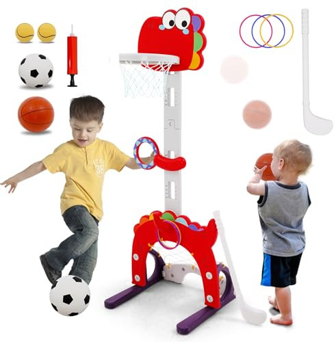 5-in-1 Basketballkorb für Kinder,Höhenverstellbar 100-120CM,Tragbare Basketballkorb Outdoor mit 1 Fußball,1 Basketball,2 Golfball,1 Golfschläger,1 Pumpe, 3 Ringe,Mini Basketballständer für Kinder