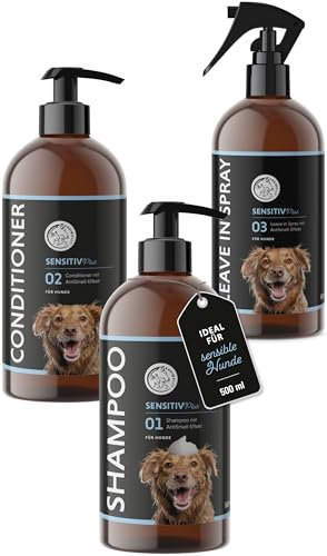 Annimally Sensitiv Plus Pflegeset - Natürliches Hundeshampoo, Conditioner & Leave-In Spray für sensilbe Hunde & Welpen, ph-neutral, ohne Silikone, Parabene & künstliche Duftstoffe - je 500 ml