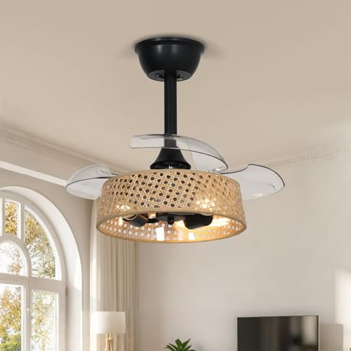Rétractable Lustre Ventilateur De Plafond Avec Lampe Intégrée 52cm, Rétro Design Luminaire Ventilateur Plafonnier Silencieux E27 Avec Telecommande, Abat-jour En Rotin Pour Chambre Salon Cuisine