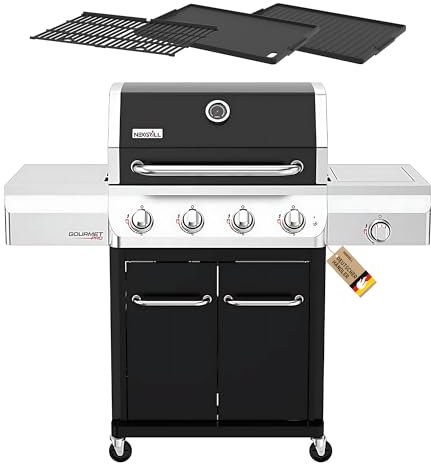 Nexgrill Gourmet Pro 4-Brenner Gasgrill mit Seitenkochfeld & Plancha (Griddle-Max System) – Edelstahl Gasgrill mit porzellanbeschichteten Gusseisenrosten, Ideal für Garten, Balkon & BBQ-Events