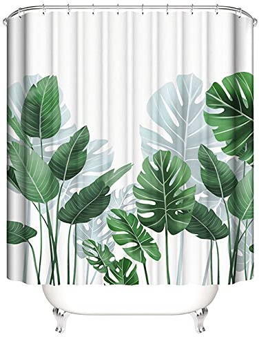 Tenda da doccia 180 x 200 foglie di banano, 12 anelli a C inclusi, piante, bagni, verde, tenda in tessuto di poliestere, impermeabile, resistente alla muffa