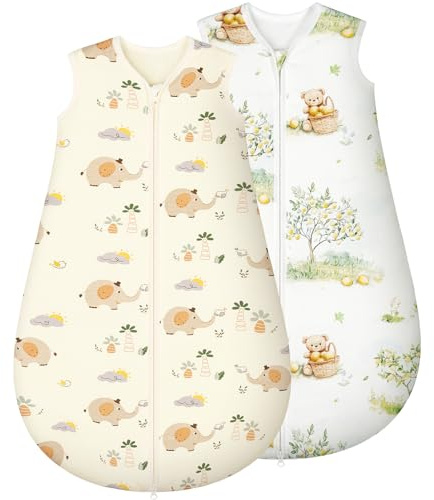 Yukkidds 2er Pack Schlafsack Baby 1.5 TOG, 100% Baumwolle Babyschlafsack Neugeborene im 12-18 Monate, Perfekte für Frühling Herbst Winter (Beiger Elefant)