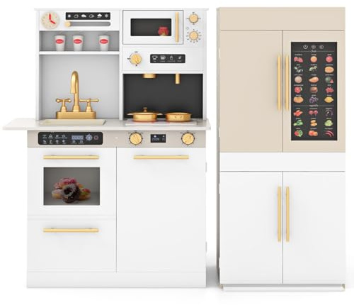 GYMAX Large Play Kitchen, Modular Toy Kitchen with Refrigerator, Coffee Machine, Microwave, Stove, Talking Wall Chart, Lights & Sounds, Kids Cooking Role Playset for 3+ Years Old