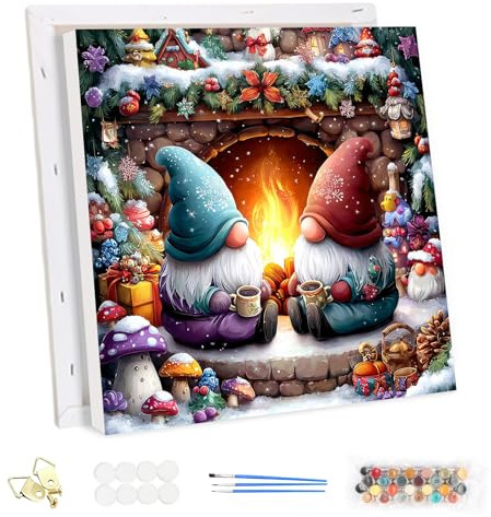 MEIYUDA Noël Peinture par Numero Adulte avec Cadre, Lutin DIY Peinture à l'huile par Numéros sur Toile Artisanat avec Pinceaux, Noël Decoration Maison Cadeau 25x25cm