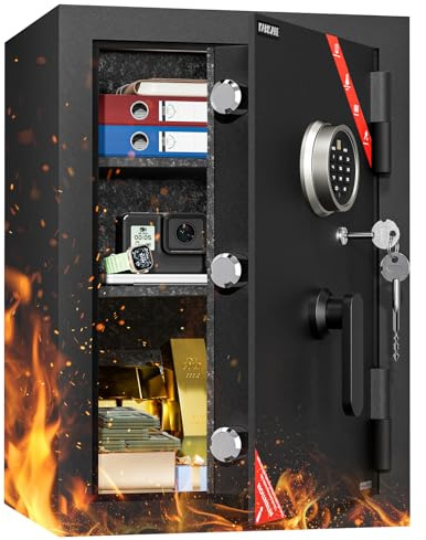 KABISAFE Feuersicherer Tresor 95,8L, Schwarzer Wellenstahl-Safe mit 1 Herausnehmbaren Einlegeboden, Fingerabdruck (20 Nutzer), Digitalem Zahlencode, Notschlüssel für Bargeld, Schmuck, Dokumente