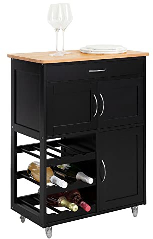 SoBuy Kitchen Trolley with Wheels Multi-Functional Rolling Storage Cart, Kitchen Island on wheels with Wine Rack Mobile Sideboard Unit for Small Kitchens, Dining Room & Garden Use 67x38x86cm FKW45-SCH