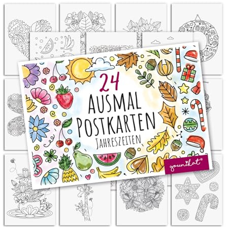 younikat 24 Stück Postkarten Jahreszeiten zum Ausmalen DIN A6 - you0189 | 300 g/m² Karton, zum Beschriften, beschreibbare Rückseite, matte Oberfläche