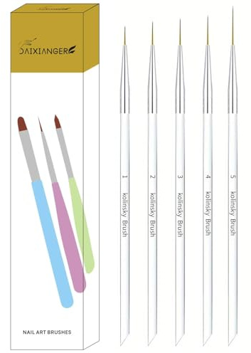 DAIXIANGER 5Pcs Kolinsky Nail Art Liner Brushes Set, Precision Striping Brushes for Long Lines & Intricate Details, Sizes 7/9/13/18/25mm Fine Liner Pens for Gel Polish & DIY Nail Design