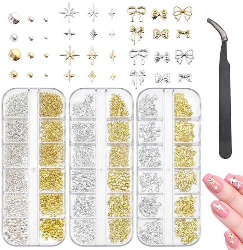 3 Boxes Gold Silver Nail Charms with Tweezers | Assorted metal bows, stars, pearls, gems, rhinestones for DIY manicure and nail accessories.