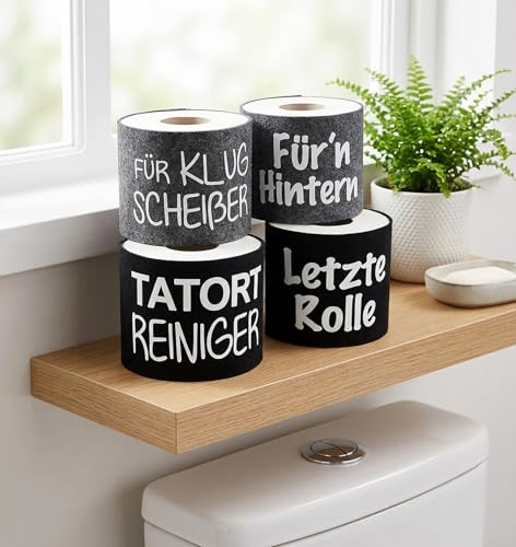 KAMACA 4er Set Klopapier Banderole Filz – Lustige WC Rollen Hülle mit Klettverschluss – Toilettenpapier Dekoration für Bad & Gäste WC – Humorvolle Badezimmer Deko