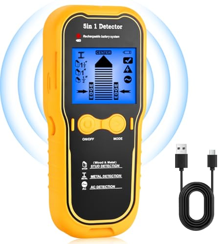 Cercamuri 5 in 1 Ricaricabile – Stud Finder per Legno, Metallo e Cavi AC | Ricarica Rapida USB-C Display LCD Retroilluminato Calibrazione Automatica Metallo e Cavi Elettrici Stud Finder Cercamuri