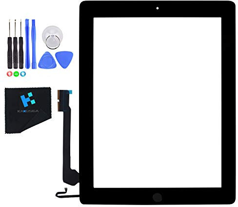 Kakusiga de Remplacement d'écran Tactile pour iPad 4 (Noir) 9.7 inch avec Vitre Tactile, Bouton Home, Le Support de la caméra, câble Flex et adhésif pré installé + Kit d'outils