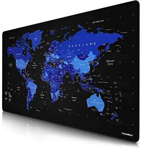 CSL - Übergröße DEUTSCHES Layout Titanwolf Mauspad 1200x600mm Weltkarte - XXXL Mousepad groß mit Motiv - Tischunterlage Large Size - XXL Gaming z.B. für Logitech Maus und Tastatur - blau